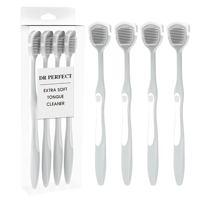 DR PERFECT Soft Tongue Brush Scraper Cleaner Helps Fight Bad Breath Clean Your Tongue Without Hurt Pack Of 4 (Gray)