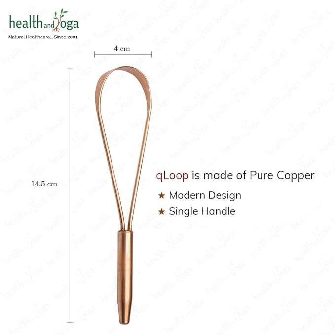 HealthAndYoga™ qLoop Copper Tongue Cleaner - Easy One Hand Use - Larger Surface Coverage - Ayurvedic Copper Health for Fresh Breath and Total Oral Hygiene (Single)