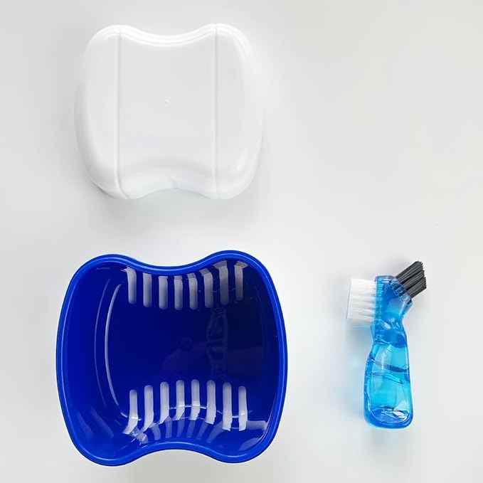 Easyinsmile Denture Bath Case with Brush for Travel Denture Cups for Soaking Dentures Retainer Cleaning Container Case with Strainer and Lid (Blue)