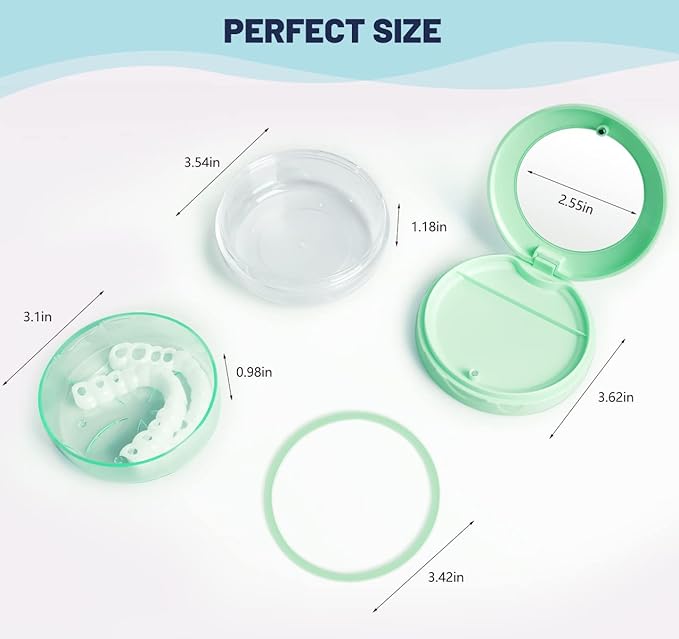 Denture case Retainer Case, Leak Proof Denture Cup, Denture Bath Case, Retainer Cleaning Box for Traveling, Partial Denture Case with Strainer & Mirror (Green)
