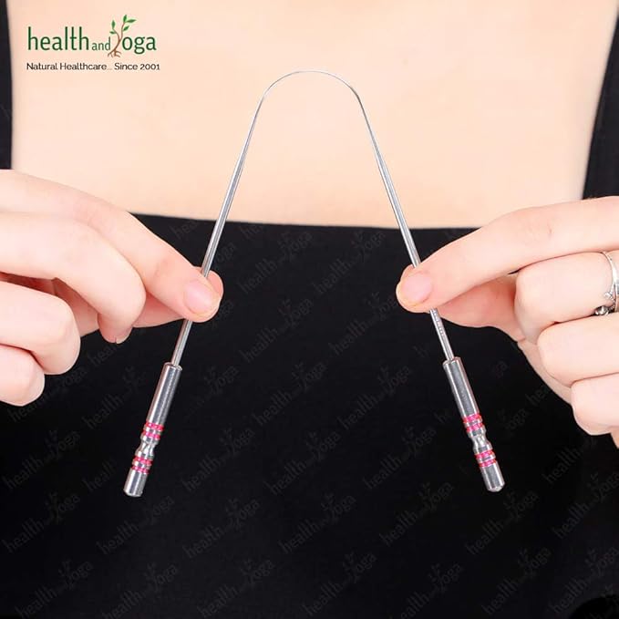 HealthAndYoga™ SteloSwipe His and Hers Premium Tongue Cleaners for Partner and You (2 pcs) - Quality Steel Tongue Scrapers with Color Identifying Hygienic Steel Grips