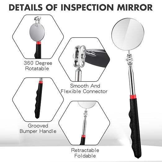 1 Pcs Telescoping Inspection Mirror Mechanics Automotive Tool with Long Handle Extendable Mirror on a Stick for Technicians Mechanics Contractors Checking Observation(Black,50mm Round)
