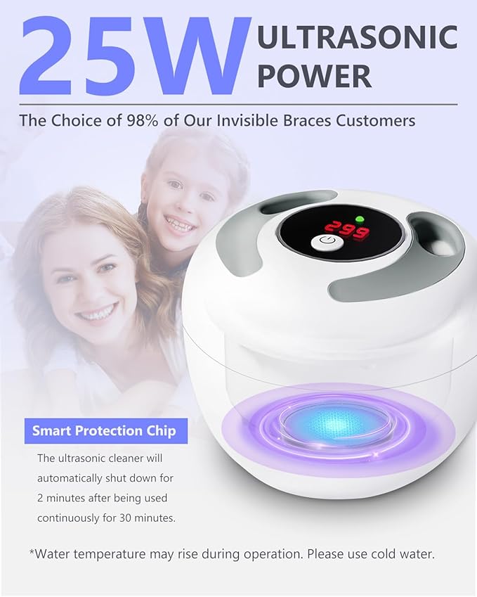 Dental Ultrasonic Retainer Cleaner Machine 45kHz, UV Denture Cleaner with 4 Modes Digital Timer, Portable 200ML UltraSonic Cleaning Pod for Night Mouth Guard, Aligner, Braces, Jewelry and More-White