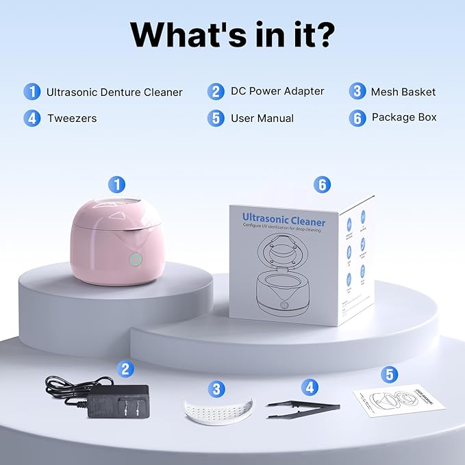 Ultrasonic Retainer Cleaner - UV Dental Cleaning Pod Night Guard Cleaner for Dentures, Aligner, Braces, Toothbrush Heads, Jewelry (Pink)
