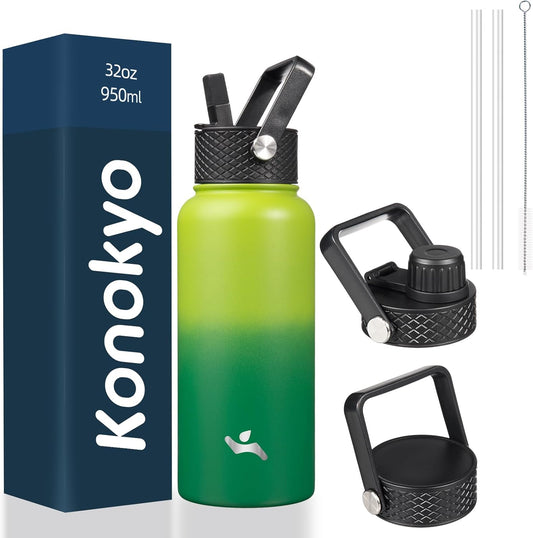 32 oz Insulated Water Bottle Stainless Steel Sport Bottles with 3 Lids,Bamboo Grove
