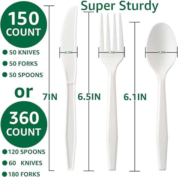 100% Compostable No Plastic Knives Forks Spoons Utensils, Heavyweight Heavy Duty Eco Friendly Flatware for Lounge Party Wedding BBQ Picnic Camping