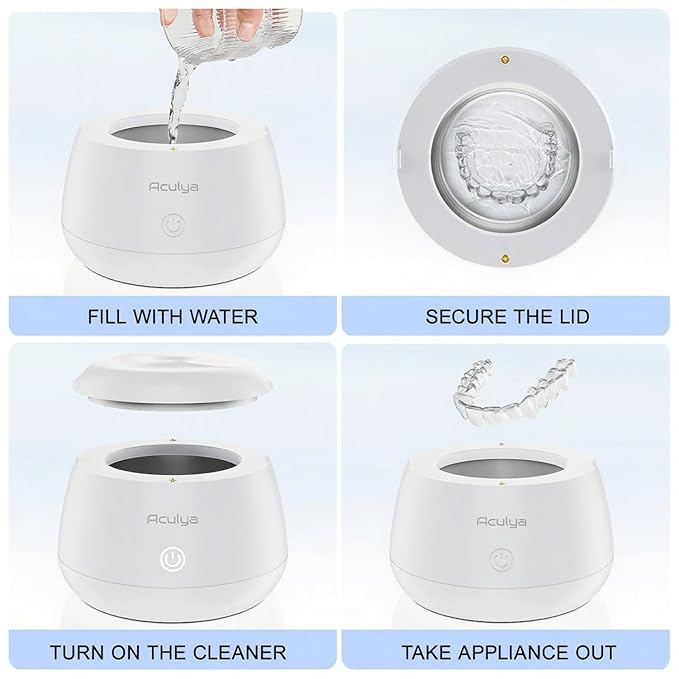 Ultrasonic Retainer Cleaner Machine 48kHz Denture Cleaner 200ml Dental Appliance Cleaner for Aligner, Night Guard, Brace, Jewelry