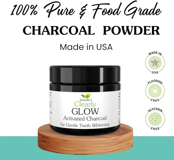 Glow Teeth Whitening Kit (4 Piece) | Pure Food Grade Activated Charcoal Powder + Bamboo Ultra Soft Toothbrush + Copper Tongue Cleaner + Eco Canvas Gift Bag
