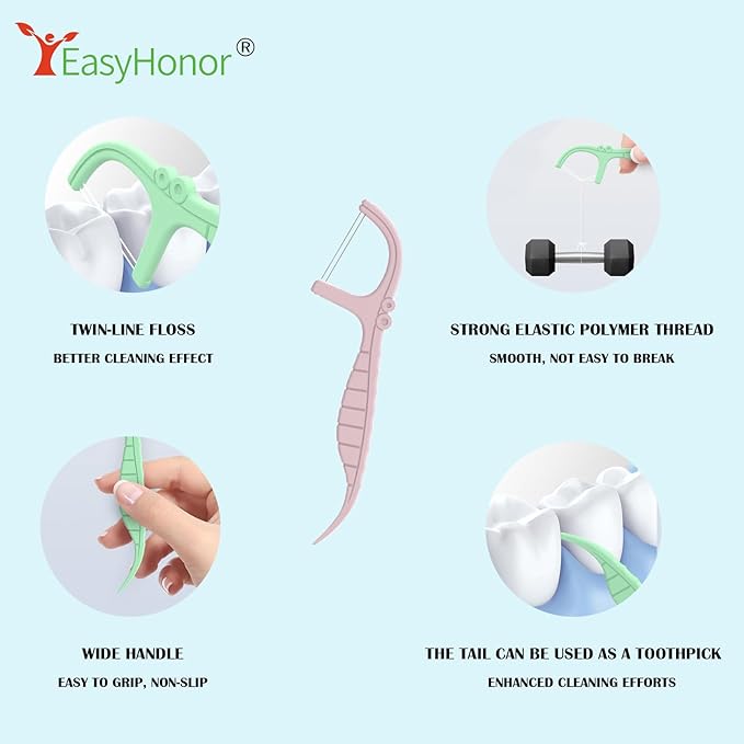 EasyHonor Dental Floss Picks,Twin-Line Lemon Flavor Dental Flossers, Dual Action Flossing System, Easy Carry and Pick, 156 Count Floss Sticks in 3 Portable case.(Pink, Mint)