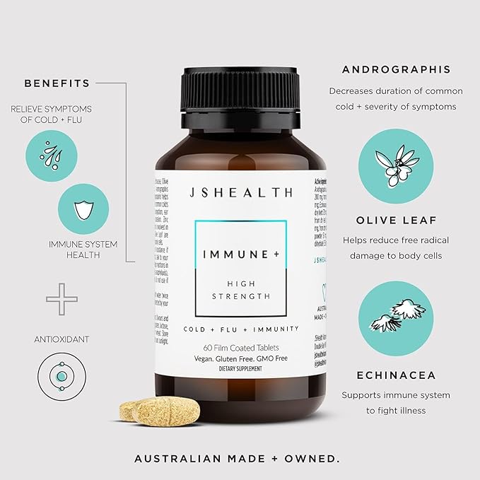 JSHealth Vitamins Immune + Immunity Booster Supplement with Zinc Vitamin C Echinacea and Olive Leaf Antioxidants (60 Tablets)