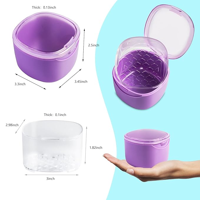 Upgraded Denture Bath Box Cup, No-Leak Denture case, Retainer Cleaning Box, Complete Clean Care for Dentures, Clear Braces, Mouth Guard, Night Guard & Retainers (purple)