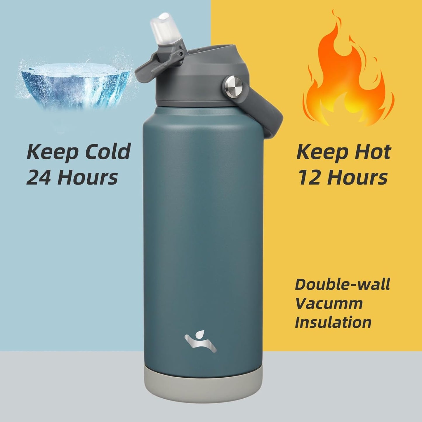 Insulated Water Bottle with Straw Lid,32 oz Stainless Steel Vacuum Metal Bottle with Silicone Handle,Dark Gray