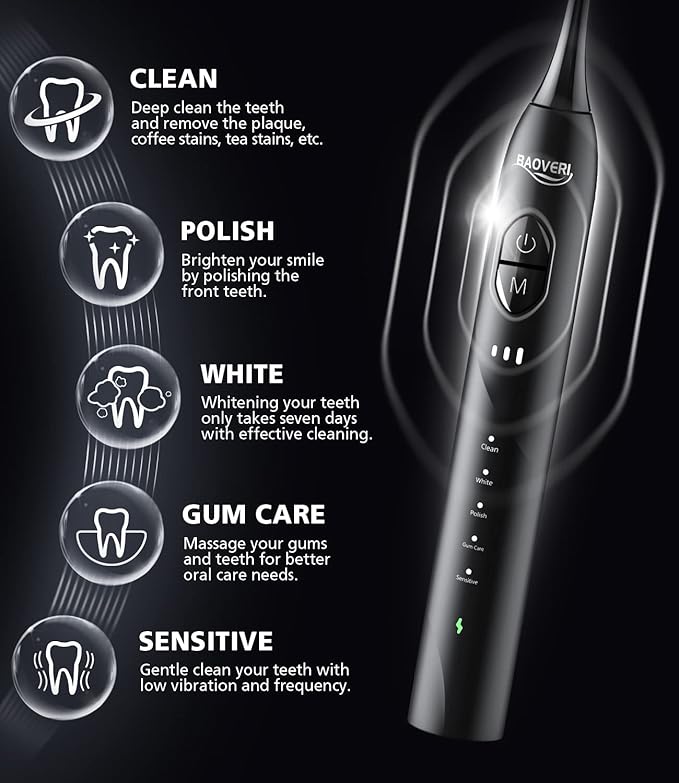 BAOVERI Electric Toothbrush with 6 Dupont Brush Heads, Rechargeable Ultrasonic Electric Toothbrushes, IPX7 Waterproof, 5 Modes, 2 Minutes Smart Timer, 4 Hours Fast Charge for 60 Days