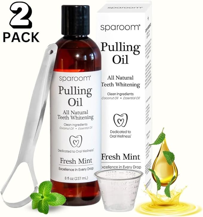 SpaRoom Oil Pulling for Teeth and Gums – 2 Pack Coconut Oil Pulling for Teeth with Tongue Scraper, Fresh Mint, Natural Mouthwash Alternative for Gum Health, Oral Hygiene, and Breath Support, 16 fl oz