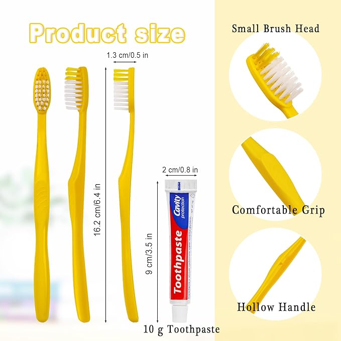 Disposable Toothbrushes with Toothpaste Pack of 100, Yellow Hollow Toothbrush with 10g Toothpaste Individually Wrapped Disposable Travel Toothbrushes Kit in Bulk for Homeless,Airbnb,Hotel,Charity