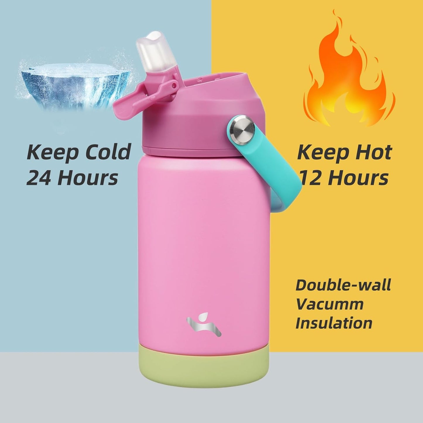 Insulated Water Bottle with Straw Lid,12 oz Stainless Steel Vacuum Metal Bottle with Silicone Handle,Rose Pink