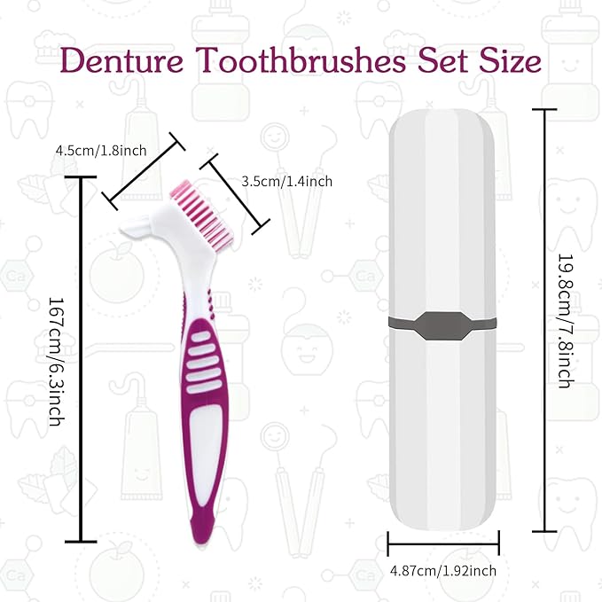 Denture Brush, 2 Pcs False Teeth Toothbrush with White Carrying Case, Multi-Tiered Bristles with Comfort Grip Handle for Effective Denture Cleaning