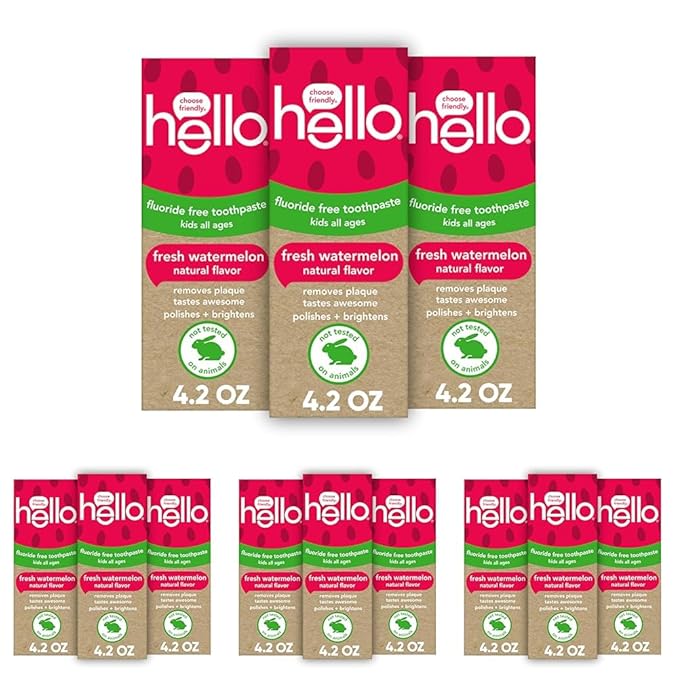 Hello Natural Watermelon Flavor Baby & Kids Fluoride Free Toothpaste, Vegan, SLS Free, Gluten Free, Safe to Swallow for Baby and Toddlers, 4.2 Ounce (Pack of 12)
