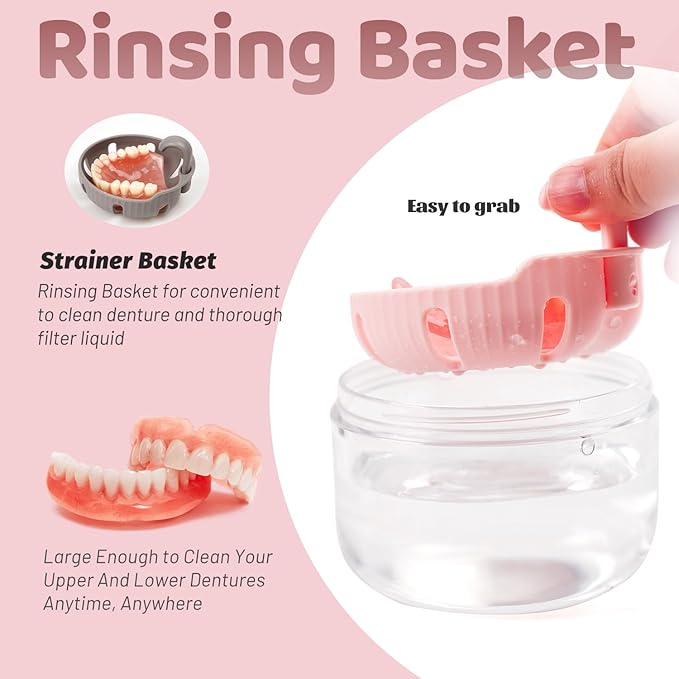Denture Case, Leak Proof Denture Bath Cup for Travel, Pink Denture Container Cups for Soaking Full & Partial Dentures, Retainers, Mouth Guard with Denture Cleaner Brush, Aligner Removal Tool