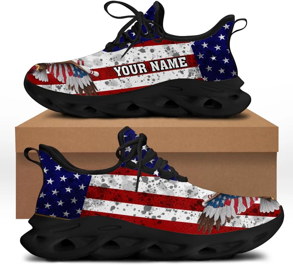 3D Printed Sports Shoes with Bowling-Themed Pattern, Eagle Flag Custom Shoes for Bowler and Bowling Team