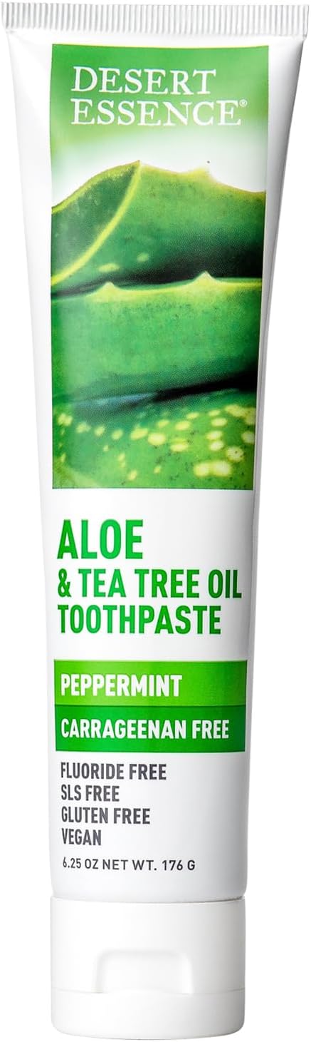 Desert Essence Aloe & Tea Tree Oil Toothpaste - Peppermint - Ideal For Sensitive Teeth & Gums - Complete Oral Care - Aloe - Tea Tree Oil - Baking Soda - Refreshes Breathe - Carrageenan Free