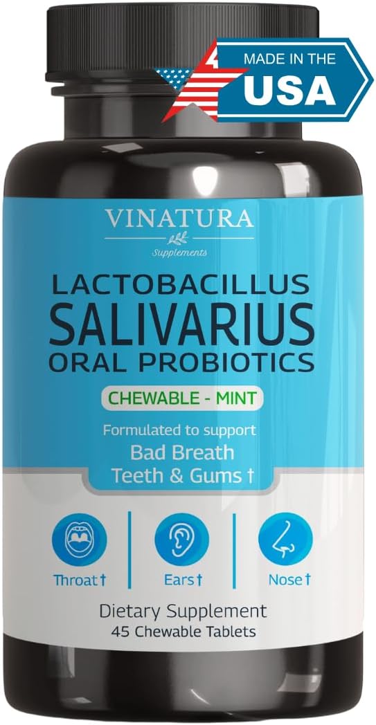 VINATURA Lactobacillus Salivarius Oral Probiotics - Mouth Bad Breath Treatment for Adults, Dental probiotics for Teeth and Gums, Throat, Ear, Nose - 45 Chewable Mint Tablets