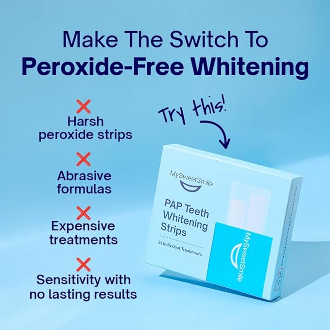 MySweetSmile Pap Teeth Whitening Strips - Enamel-Safe, Sensitivity-Free Formula - 42 Peroxide-Free Whitening Strips - Dentist-Approved - IndyBest Award-Winning Brand - 21 Treatments - Mint Flavour