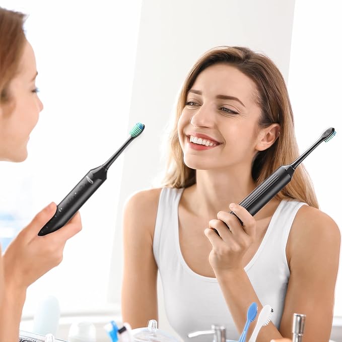 BAOVERI Sonic Electric Toothbrush for Adults - Wireless Rechargeable Toothbrush, 6 Brush Heads - 5 Brushing Modes with 3 Intensities - 42000 VPM Motor - Charge Lasts Up to 60 Days (Midnight Black)