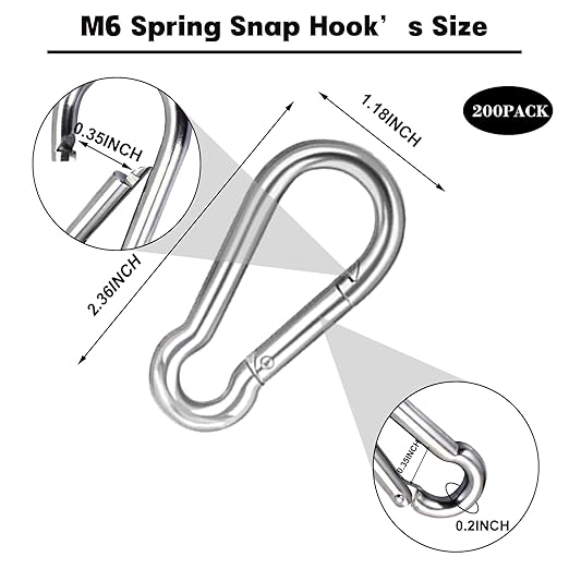 200PCS 2.36'' Spring Snap Hook, M6 1/4Inch Galvanized Silver Steel Carabiner Clip, Small Carabiner Clip 260LBS Holding Capacity Quick Link Clip Keychain for Hammock Dog Leash & Camping Gym