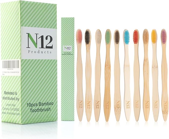 N12 Biodegradable Pack of 10 Bamboo Toothbrushes - Multicolored Charcoal BPA-Free Soft Bristol, Eco-Friendly, Sustainable Reusable Travel Tooth Brush
