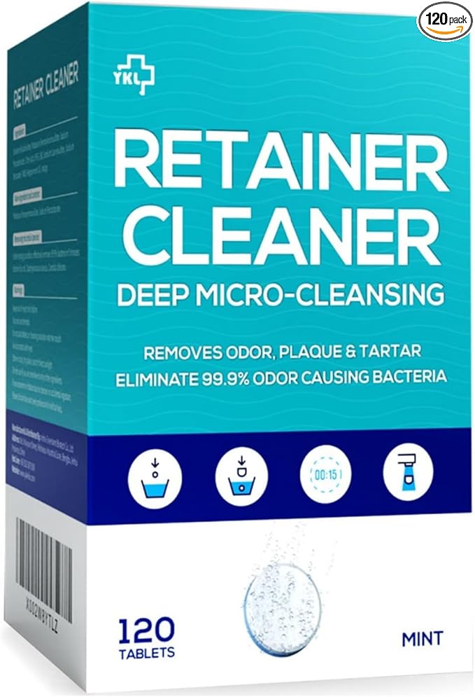 Y-Kelin Retainer and Denture Cleaner 120 Tablets for 4 Months Removes Stains Plaque Odors for Dentures Retainers Mouth Guard and Removable Dental Appliances (120 PCS, Mint)