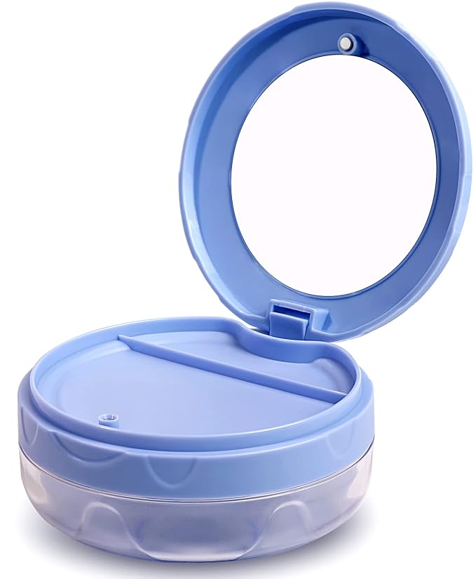 Leak Proof Dental Retainer Case, Denture Cleaning Case, Denture Bath Case, Denture Case, Retainer Cleaning Case Mouth Guard Perfect for Travel, Denture Cups for Soaking Dentures & Mirror (Blue)