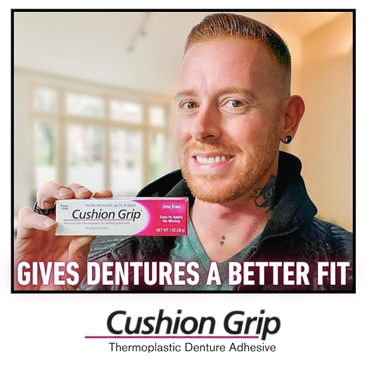 Cushion Grip Thermoplastic Denture Adhesive 1oz (5 Pack)–Extra Strong Hold Up to 4 Days, Unmatched Strength, Waterproof & Zinc Free, Relieves Sore Gums, Comfortable Refit, Long Lasting Denture Refit