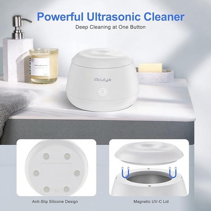 Ultrasonic Retainer Cleaner Machine 48kHz Denture Cleaner 200ml Dental Appliance Cleaner for Aligner, Night Guard, Brace, Jewelry