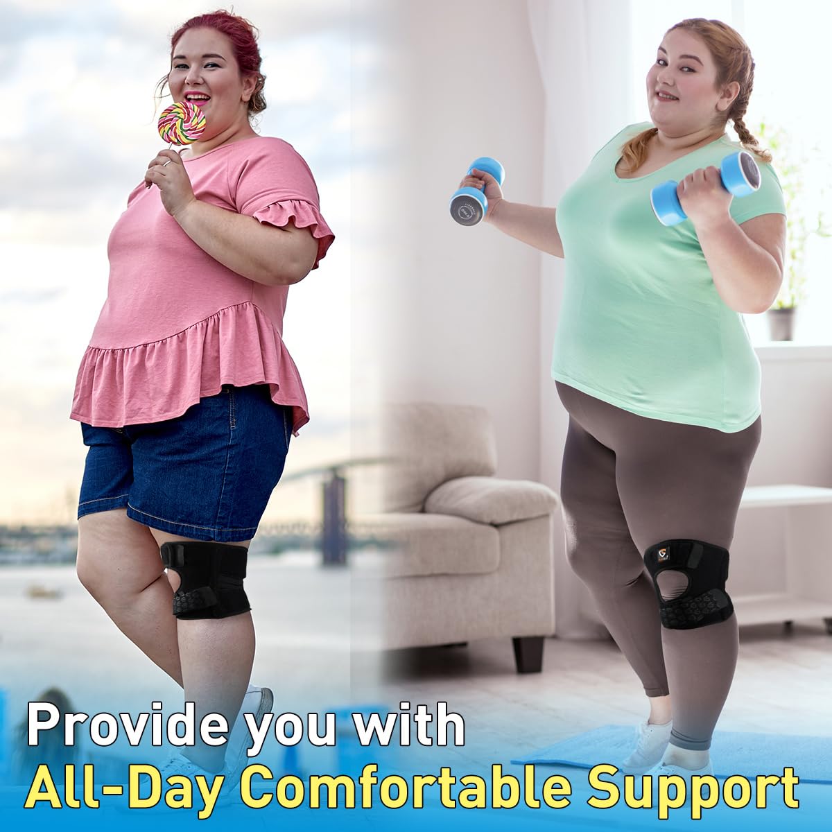 HUEGLO Plus Size Knee Brace for Women and Men Knee Pain Relief,Adjustable Patellar Tendon Support Strap Extra Large Knee Brace with Side Stabilizers for Meniscus Tear,Sports,XXX-Large