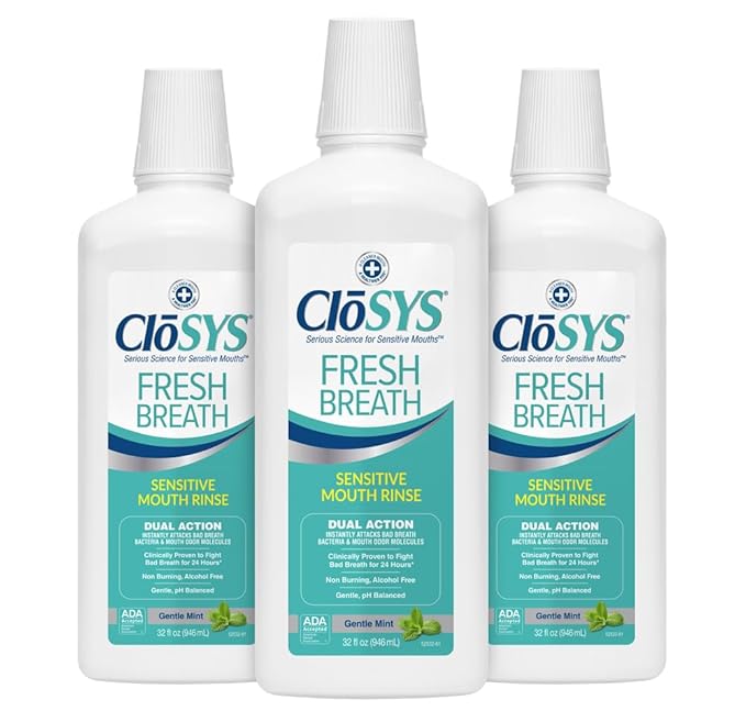 CloSYS Mouthwash, 32 Ounce, 3 Count, Fresh Breath Mouthwash, Gentle Mint, Alcohol Free, Dye Free, pH Balanced Mouth Wash, Helps Soothe Entire Mouth, Fights Bad Breath