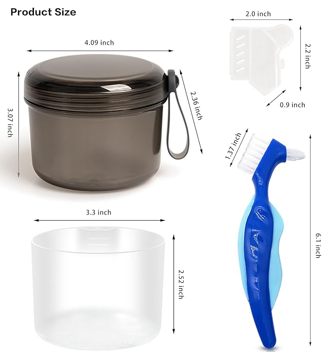 Denture Bath Case Box, Leak Proof Denture Cups for Soaking Full & Partial Dentures, Retainers,Dishwasher safe,with Hard Denture Brush & Denture Toothbrush Cover (Transparent Black)