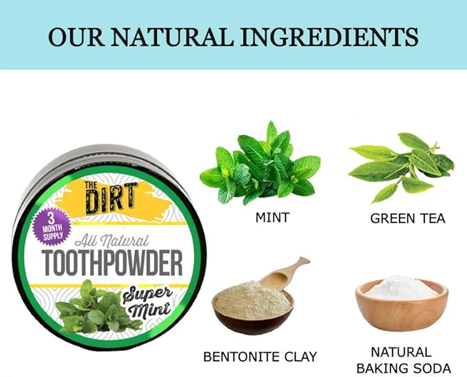 The Dirt - Remineralizing Tooth Powder, Natural Fluoride-Free Teeth Whitening Powder with Hydroxyapatite, Flouride & Gluten Free, Organic Vegan (Super Mint, 25g: 3 Month Supply)
