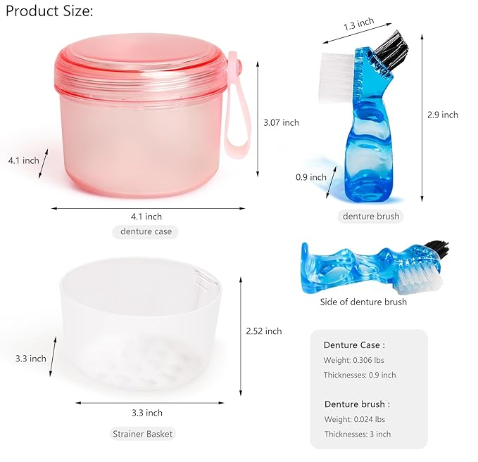 Leak Proof Travel Denture Bath Case for Full Dentures, Denture Cups for Soaking Dentures, Denture Container Cups with Brush for Dentures, Aligner, Retainers, Mouth Guard (Transparent Rouge)