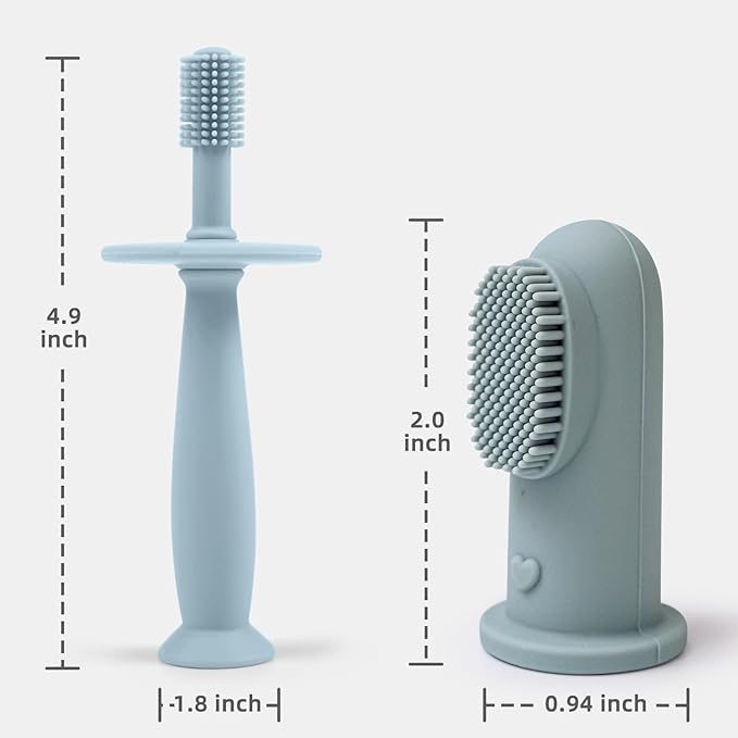 BumbleBee 360° Silicone Toothbrush & Finger Toothbrush Set - Soft Silicone Toothbrush for Baby, Infant Toddler - Baby Training Toothbrush Set Oral Care Kit - Misty Blue