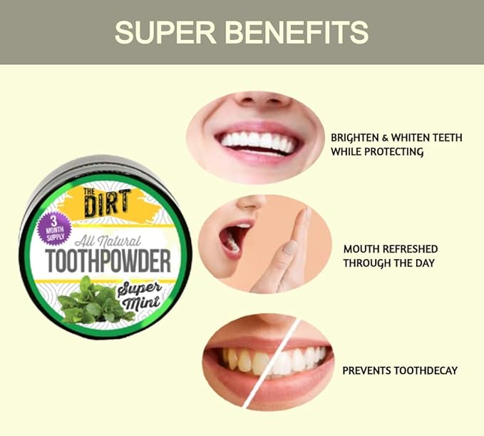 The Dirt - Remineralizing Tooth Powder, Natural Fluoride-Free Teeth Whitening Powder with Hydroxyapatite, Flouride & Gluten Free, Organic Vegan (Super Mint, 25g: 3 Month Supply)