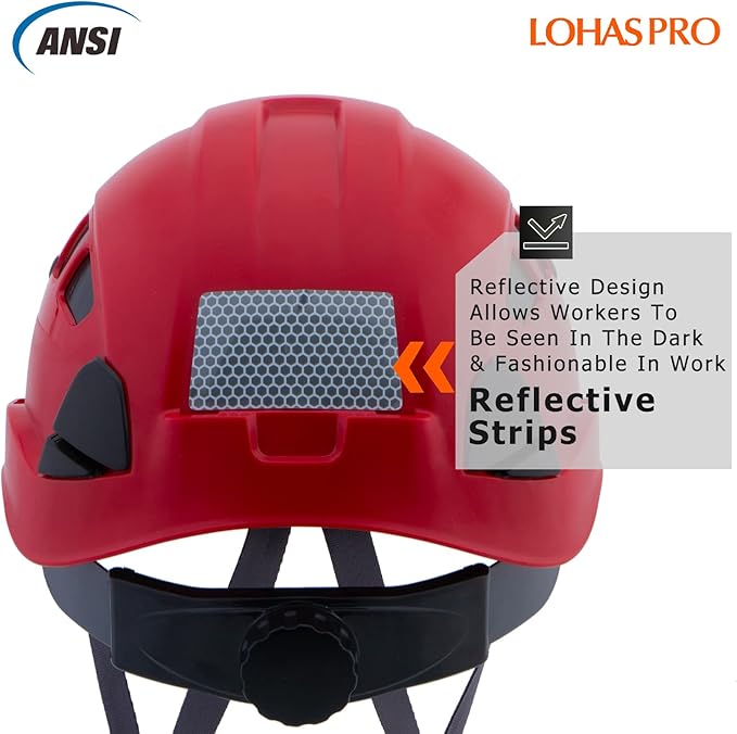 LOHASPRO Hard Hats Construction Safety Helmet ANSI Z89.1 Approved OSHA Hardhat, Vented Men Worker Red Hard Hat with Chin Strap Tree Climbing Rescue Arborist Helmet (P6 Red)