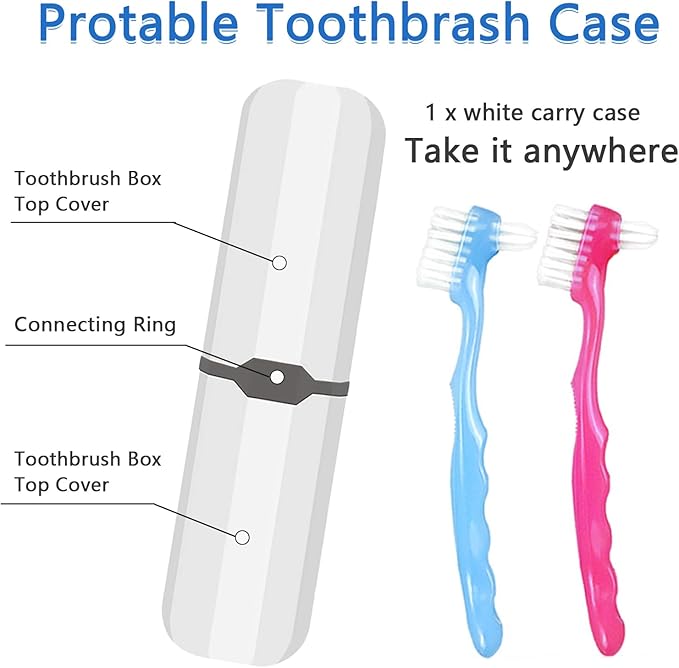 2-Piece Denture Cleaning Brush Set - Multi-Layered Bristles False Toothbrush with Ergonomic Handle and White Carrying Case for Fake Teeth Cleaning, Travel-Sized Oral Care Tool (Blue&Red, One Size)
