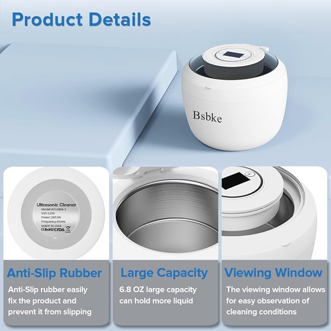 Ultrasonic Retainer Cleaner 45kHz Dental Cleaning Machine With 6 U/V Lights Adjustable Buzzer Alarm 200ML Capacity White