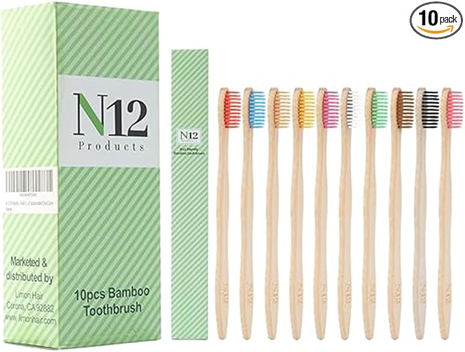 N12 Biodegradable Pack of 10 Bamboo Toothbrushes - Multicolored Charcoal BPA-Free Soft Bristol, Eco-Friendly, Sustainable Reusable Travel Tooth Brush