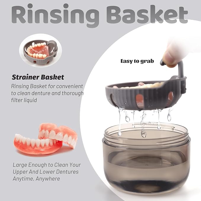 Denture Case, Leak Proof Denture Bath Cup for Travel, Grey Denture Container Cups for Soaking Full & Partial Dentures, Retainers, Mouth Guard with Denture Cleaner Brush, Aligner Removal Tool