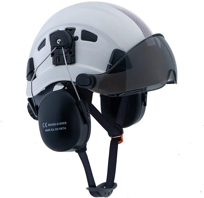 LOHASPRO Arborist Forestry Helmet Safety Hard Hat with Visor and Ear Muffs for Tree Service Logging Cutting Wood Chainsaw Helmet Garden Work Trimming Mowing(P91 White+Smoked Visor+Earmuff)