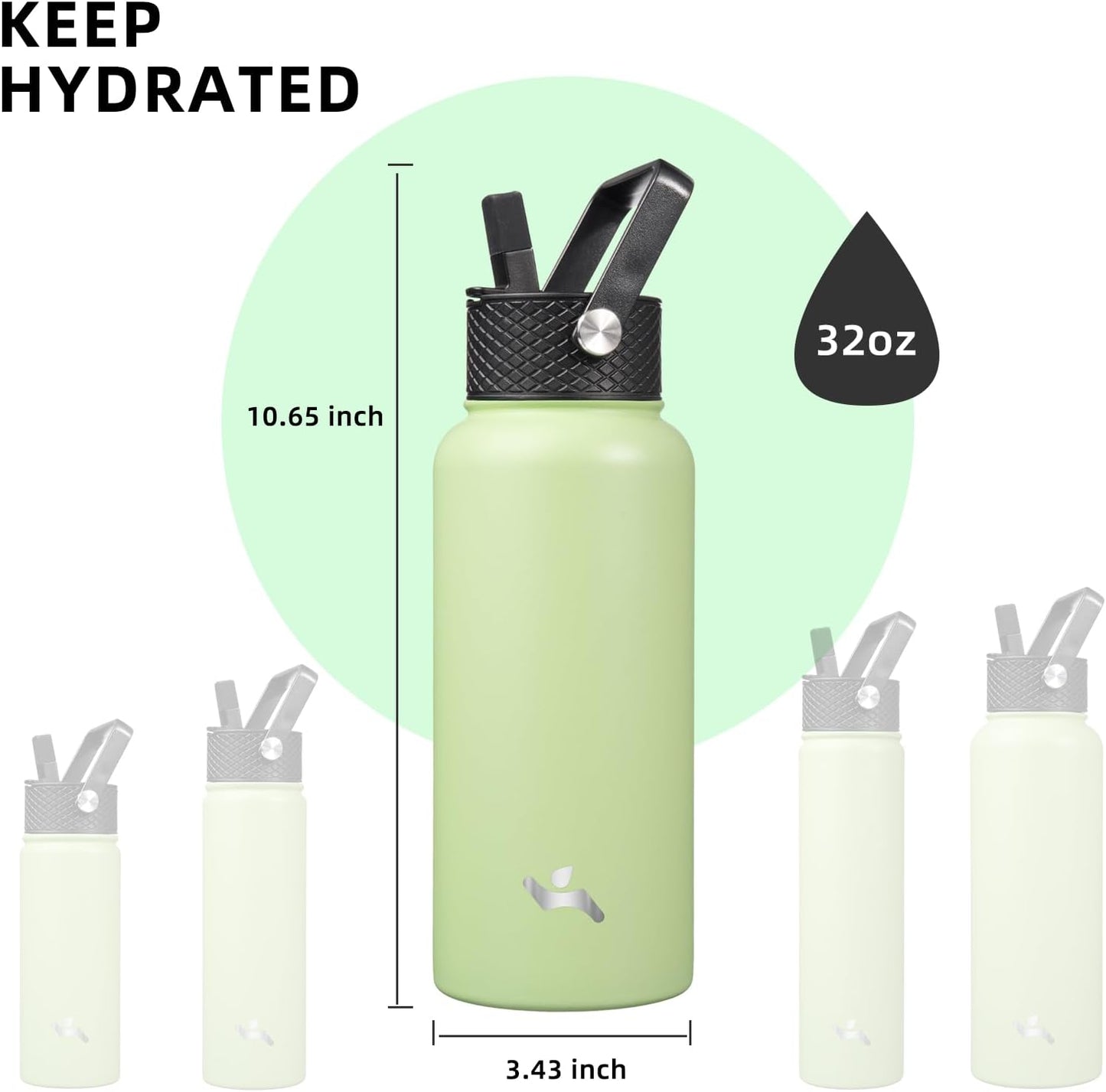 32 oz Insulated Water Bottle Stainless Steel Sport Bottles with 3 Lids,Macaron Green