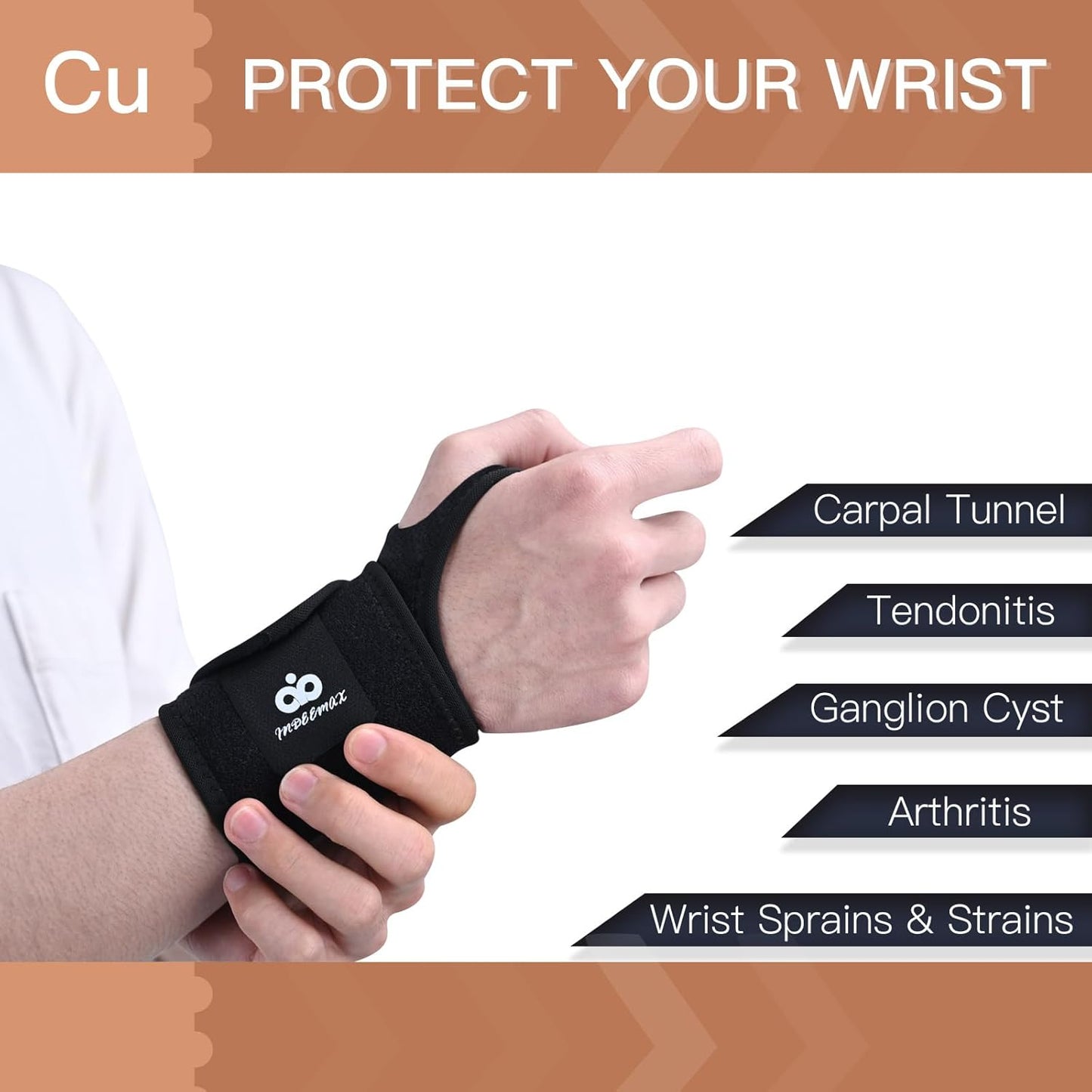 INDEEMAX 2 Pack Copper Wrist Brace Support for Carpal Tunnel, Pain Relief, Arthritis, Tendonitis, Adjustable Wrist Braces Compression Wraps Both Hands, Fit for Men and Women, Black