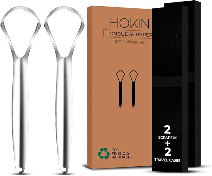 HOKIN Tongue Scraper for Adults with Travel Cases (2Pcs Oral Care Pack) - 100% Metal Spoon Shaped Tongue Cleaners, Tough Scrapers for Oral Hygiene